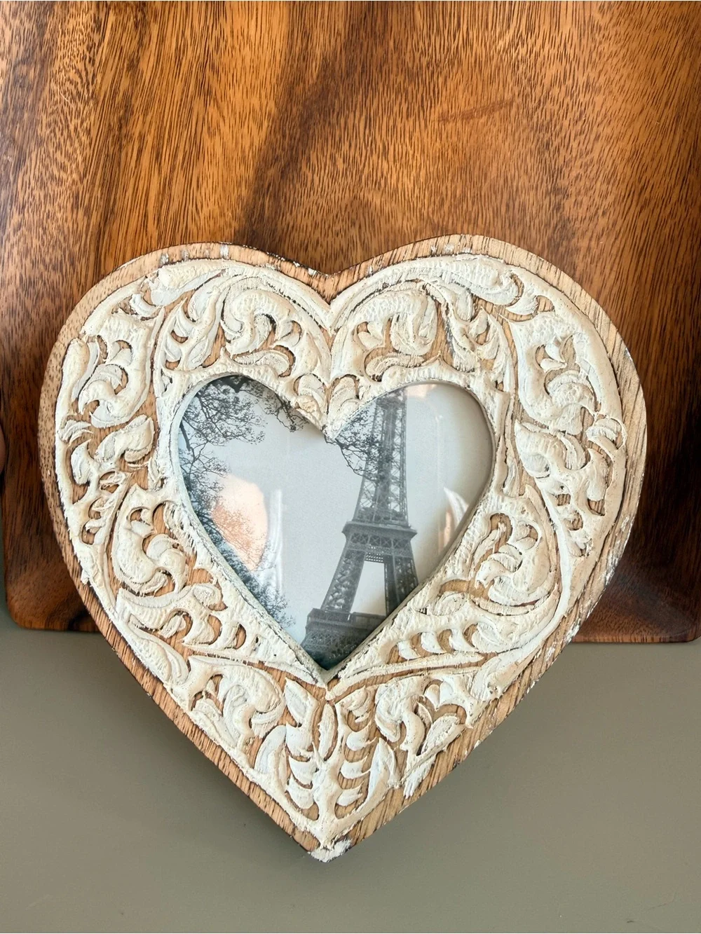 Heart-Shaped Distressed Carved Wood Photo Frame in Boho/Cottage/French Country